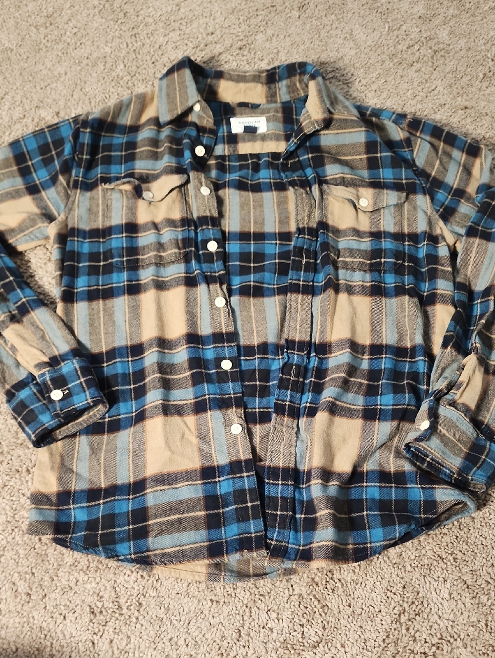 American Eagle Outfitters Blue and Tan Plaid Button-Down Shirt